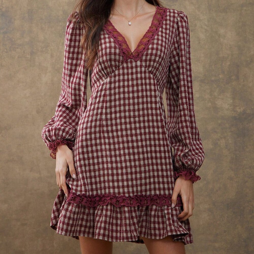 Burgundy Casual Women's Embroidered Plaid Floral Lace V Neck Flare Sleeve Dress - Picture 3 of 6
